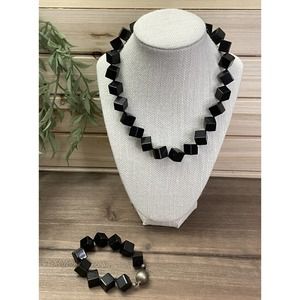 925 Sterling Silver Vintage Necklace Bracelet Set - Black Onyx - Art Deco - RARE